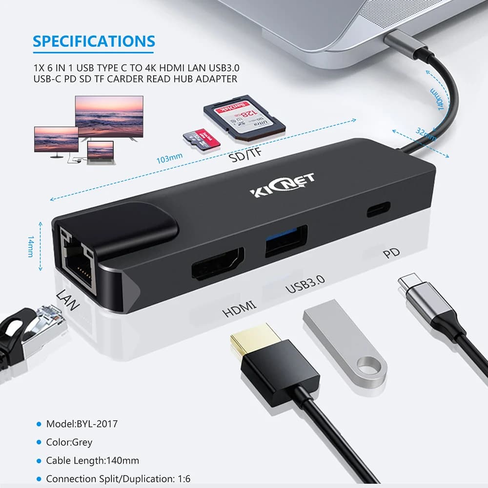 Kicnet USB-C Hub with Ethernet and Card Reader (BYL-2017)
