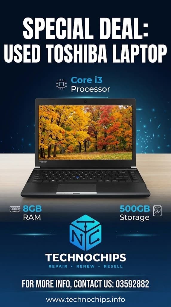 Toshiba Core i3 Laptop, 8GB RAM, 500GB Storage